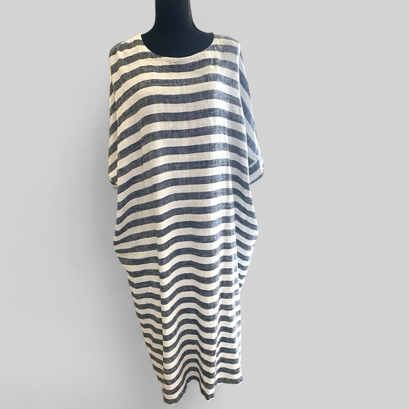 Linen Cotton Striped Caftan Maxi Dress Batwing Pockets Oversized OSFM 32” x 45” - Picture 16 of 16